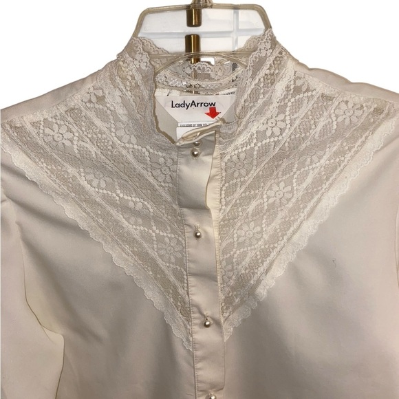 vintage 70s off white  lace victoria inspired pearl button mock neck blouse . - Picture 6 of 13